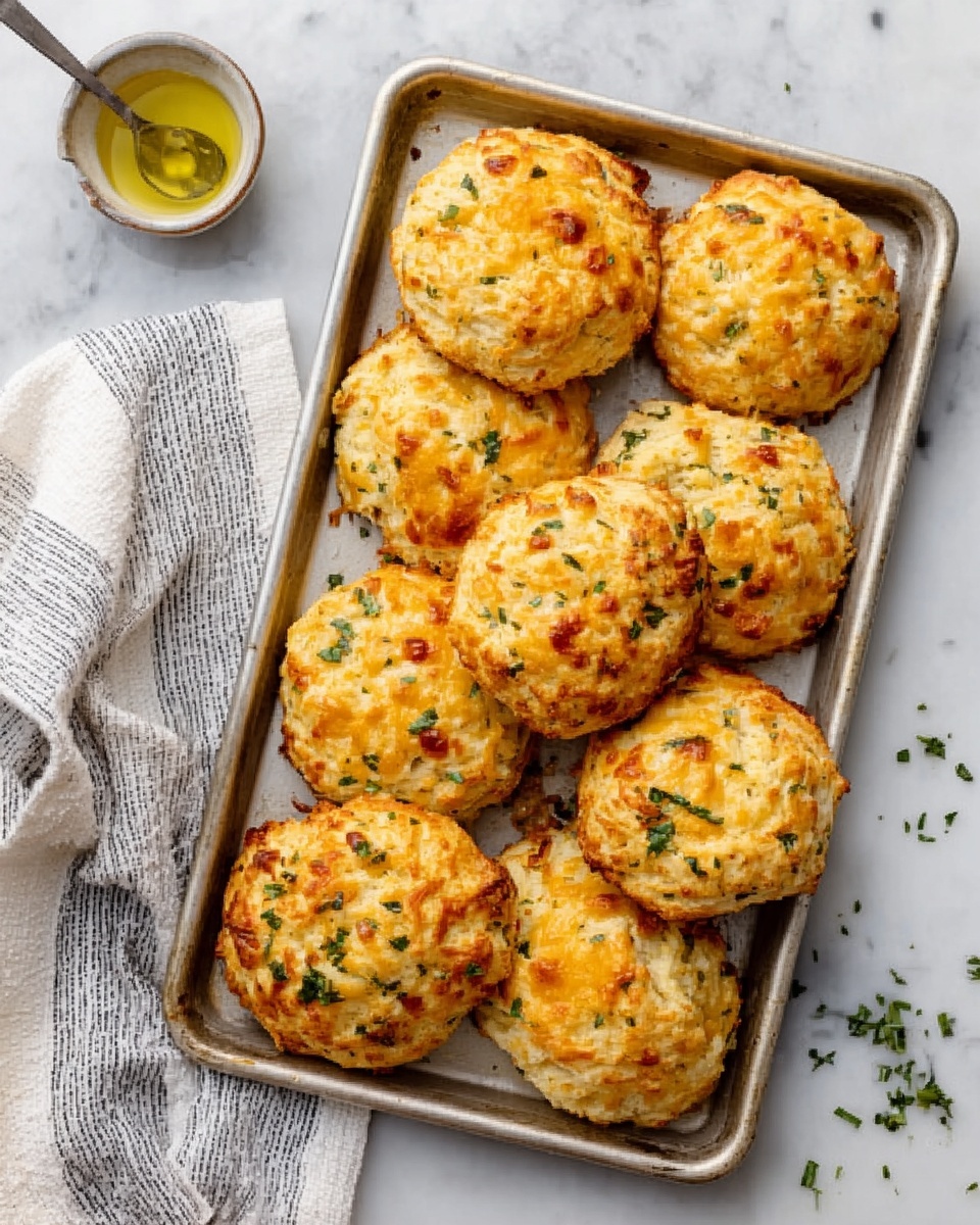 The image shows a silver baking tray filled with eight golden-brown scones, each topped with small bits of herbs and cheese that give a slightly rough, textured look. The scones have a round, slightly uneven shape, with crispy edges and a soft, crumbly surface. To the left of the tray, a white cloth with gray stripes is partially visible, along with a small bowl containing olive oil and a spoon stirring it. The background is a white marbled texture. photo taken with an iphone --ar 4:5 --v 7