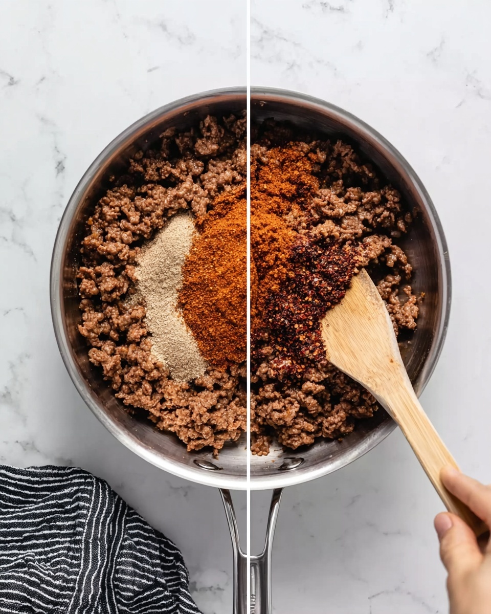 This image shows a round silver pan on a white marbled surface with cooked ground beef inside. On the left side, the beef is browned and cooked, with a pile of reddish-brown spices sitting on top, while on the right side, a woman's hand is holding a wooden spatula mixing the beef and spices together. The pan's metal surface is shiny, and there is a striped black and white cloth partially visible on the bottom left corner. Photo taken with an iphone --ar 4:5 --v 7