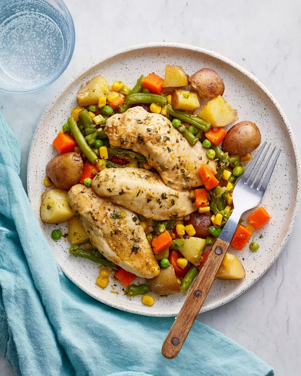 The image shows a white speckled plate with two pieces of cooked chicken placed on top of a colorful mix of vegetables, including green beans, peas, diced orange carrots, corn, and small halved potatoes with brown skin. The chicken pieces are light golden with herbs sprinkled on them. A metal fork with a wooden handle rests on the right side of the plate. The plate is on a white marbled surface with a pale blue cloth napkin folded on one side, and a glass of water with bubbles is partially visible in the top left corner. photo taken with an iphone --ar 4:5 --v 7