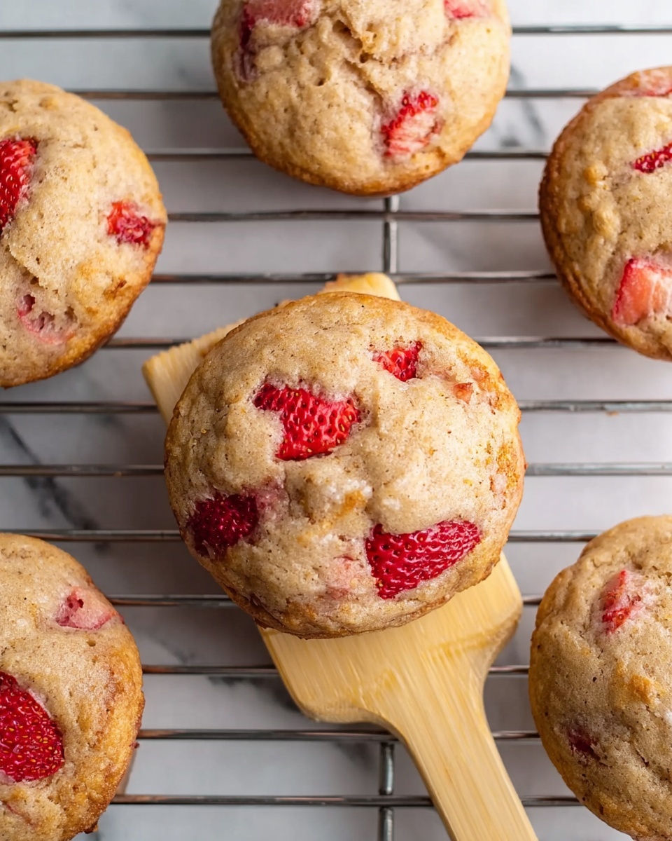 The image shows a close-up of round, golden-brown strawberry muffins on a metal cooling rack over a white marbled surface. Each muffin has visible red pieces of strawberry on top and inside, with a soft and slightly bumpy texture. The muffin in the center is lifted by a spatula with a light wooden handle, showing its thick, fluffy form. The overall scene captures the fresh, warm look of just-baked muffins with a focus on the bright red strawberry bits contrasting with the light tan muffin surface photo taken with an iphone --ar 4:5 --v 7