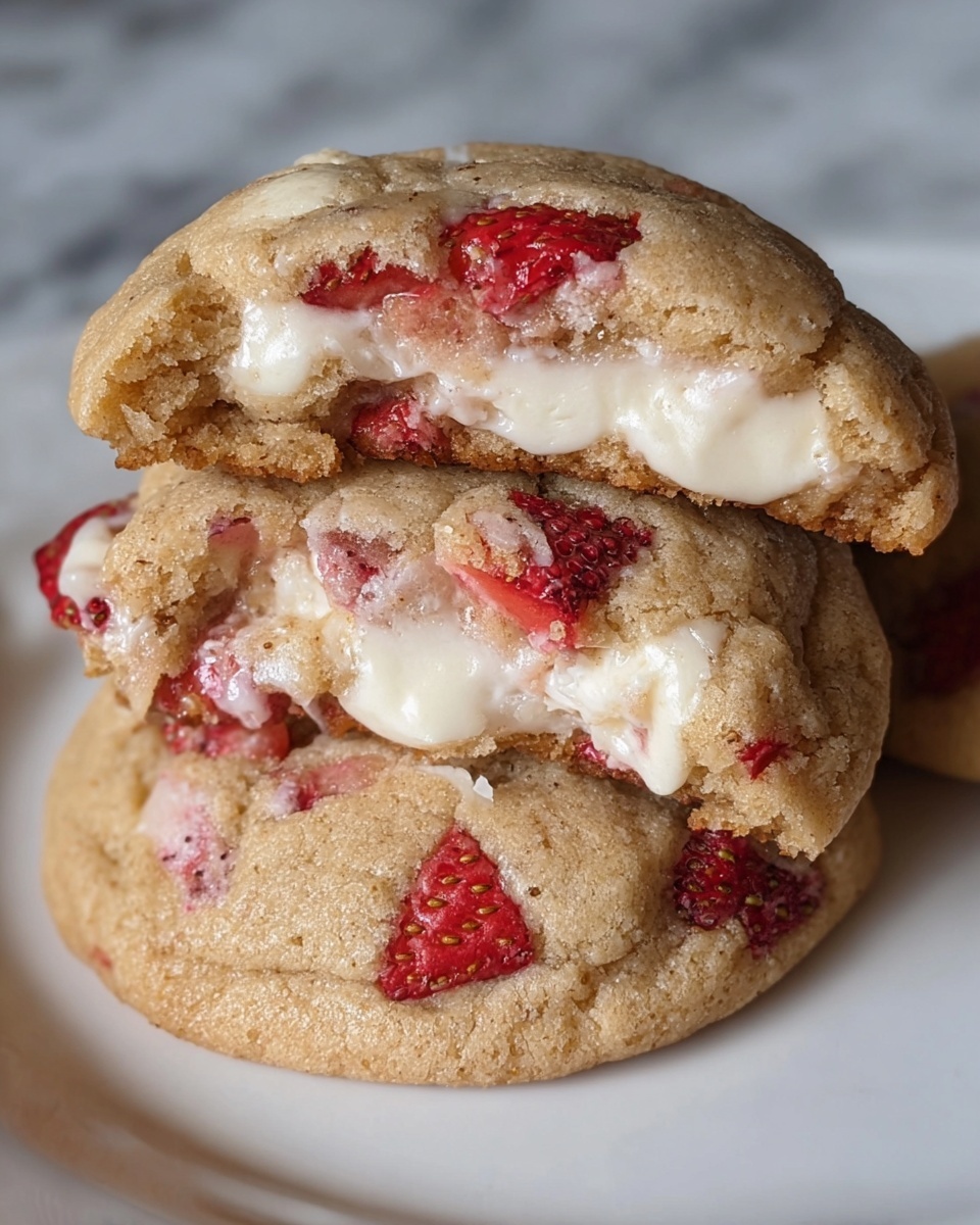 A stack of three soft cookies is on a white plate, each cookie studded with small, bright red strawberry pieces. The top cookie is broken in half revealing a creamy white filling inside, which looks smooth and slightly melted. The cookie dough appears light brown and soft in texture, slightly thick and chunky, with visible strawberry bits embedded throughout. The plate sits on a white marbled surface, and the close-up view shows the moist texture of the cookies and the creamy filling clearly. photo taken with an iphone --ar 4:5 --v 7