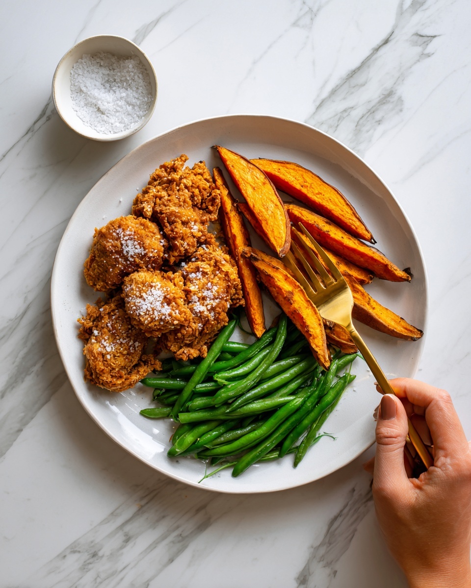 The image shows a white plate on a white marbled surface. On the plate, there are three main parts: crispy golden brown chicken pieces with a rough texture on the left side, bright green steamed green beans on the top right, and long, thick sweet potato wedges with a slightly rough orange skin and soft inside at the bottom right. A golden fork lies nearby pointing towards the chicken. A woman's hand holds a golden spoon just above the chicken, and a small white bowl with coarse salt or seasoning is placed in the top left corner. Photo taken with an iphone --ar 4:5 --v 7