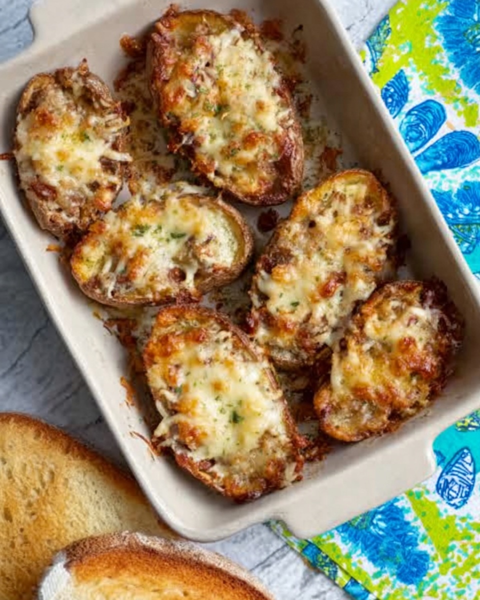 The image shows a white rectangular baking dish filled with six stuffed and baked potato skins arranged in two rows of three. Each potato skin is filled with a mix of ingredients topped with melted light golden cheese that covers the filling and edges slightly, showing a mix of crispy and soft textures. The potato skins have a rich brown baked color on the outside with a visible rough texture, contrasting with the creamy, cheesy, and slightly browned surface on top. Below and to the right, part of a toasted white sandwich slice is visible on a white marbled surface next to a colorful patterned cloth with blue, green, and yellow elements. Photo taken with an iphone --ar 4:5 --v 7