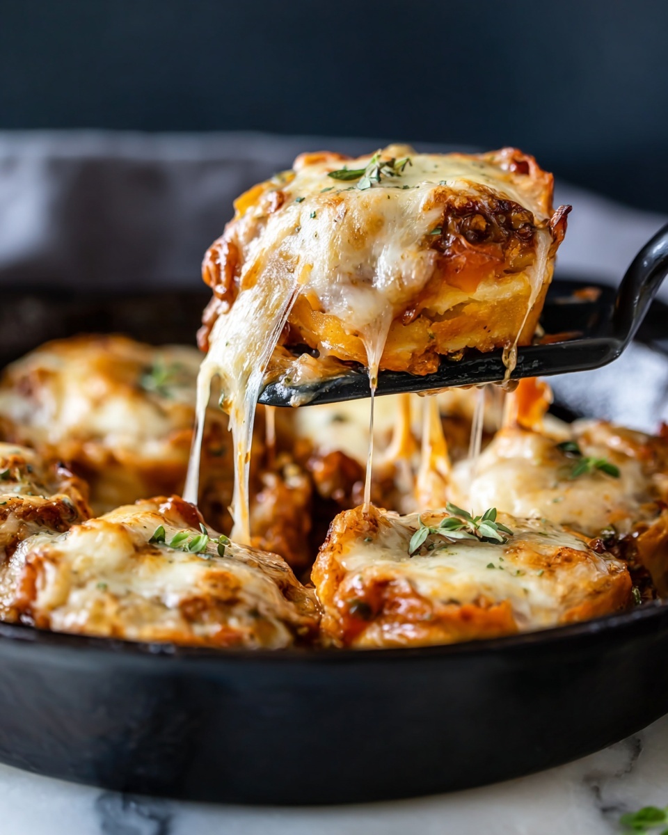 A close-up shows a black skillet filled with round, golden-brown mini casseroles, each topped with melted, creamy white cheese that stretches as one is lifted by a black spatula. The mini casseroles have multiple layers visible: a base layer of soft, golden bread or pastry, a middle layer of rich, chunky brown filling with some herbs, and a thick, melted cheese layer on top with small green herb leaves scattered across. Some cheese drips down the sides in thin strings, adding a gooey texture, and the skillet rests on a white marbled surface with a dark blurred background. Photo taken with an iphone --ar 4:5 --v 7