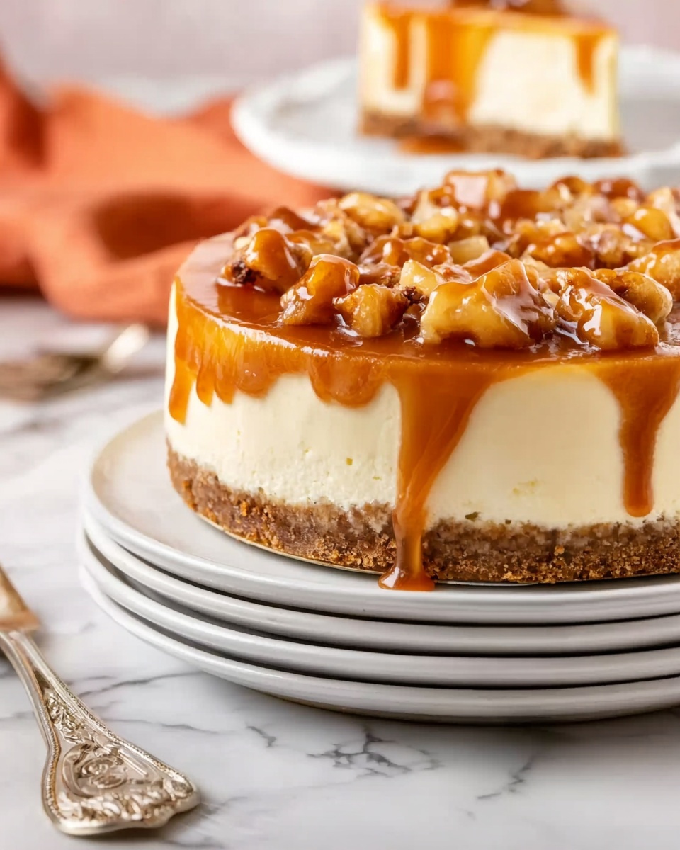 A close-up of a slice of creamy cheesecake with three visible layers: a thick, crumbly brown crust at the bottom, a dense and smooth pale cream middle layer, and a glossy caramel-colored topping with chunky light brown pieces that look like cooked fruit or nuts. The cheesecake slice sits on two stacked white plates, placed on a white marbled surface. The background is softly blurred with warm tones, including hints of orange and another plate of dessert. Photo taken with an iphone --ar 4:5 --v 7