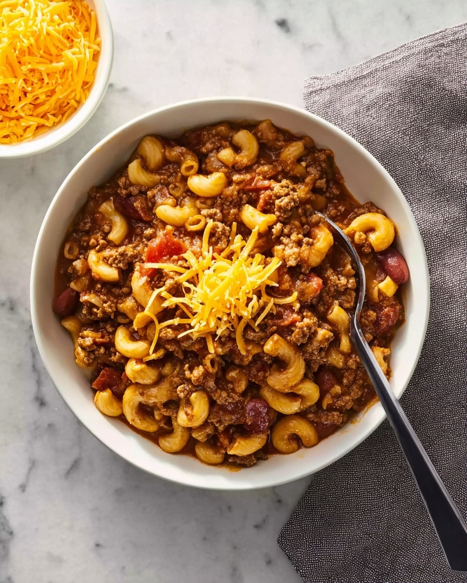 The image shows a close-up of a skillet filled with cooked elbow macaroni mixed with ground meat and small pieces of red bell pepper. The pasta is a light golden color, the meat is brown, and the red peppers add bright red spots throughout. Some finely chopped green herbs are sprinkled on top, adding a touch of fresh green to the mix. A silver spoon is visible on the right side, resting inside the skillet. The skillet is placed on a white marbled surface. Photo taken with an iphone --ar 4:5 --v 7
