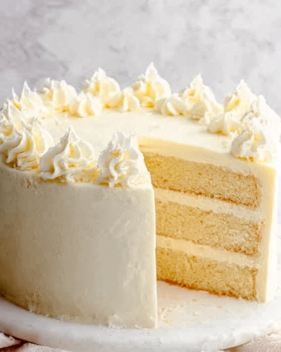 The image shows a white frosted cake with two yellow sponge layers separated and topped with a light creamy filling. The outside of the cake is covered with smooth white frosting, and there are six swirls of decorative cream on top along the edge. A woman's hand is holding a metal spatula lifting one slice of the cake above the rest, showing the soft texture of the sponge and filling inside. The cake sits on a clear glass plate placed on a white marbled surface. The photo taken with an iphone --ar 4:5 --v 7