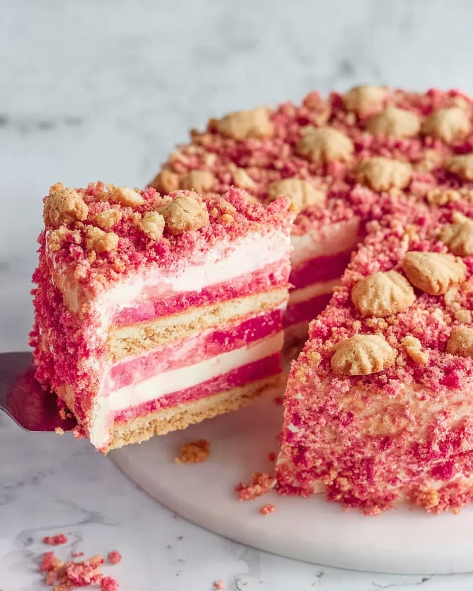 The image shows a round cake with a slice removed, revealing three visible layers inside; the layers alternate between a bright pink and a creamy white filling, creating a striped effect. The top of the cake is covered with a crumbly mix of crushed pink crumbs and whole, light beige cookies scattered unevenly. The cake is placed on a white plate, and the background surface has a white marbled texture. A woman's hand is softly holding the removed slice, lifting it away from the main cake. Photo taken with an iphone --ar 4:5 --v 7