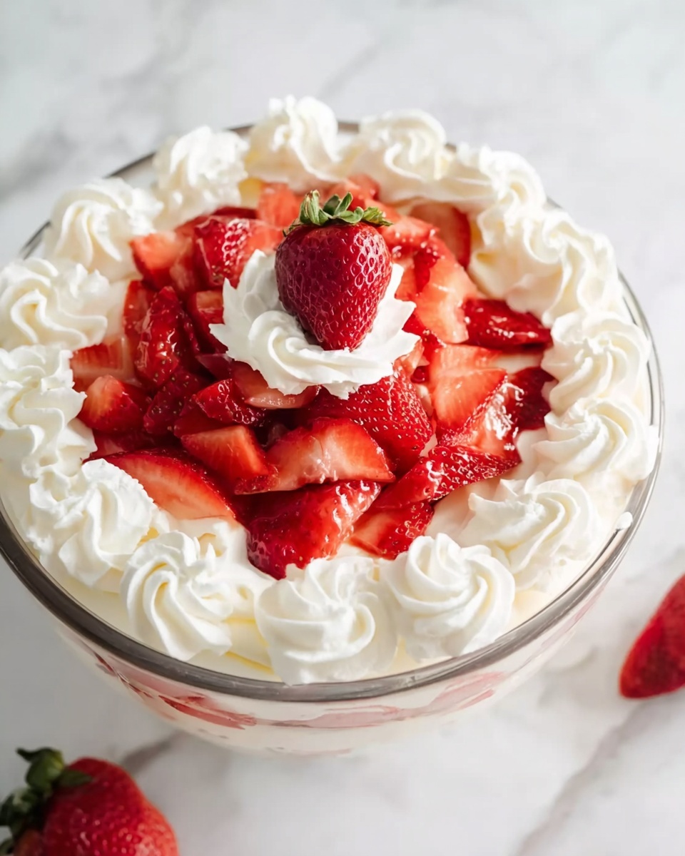 The image shows a clear glass bowl filled with layers of dessert on a white marbled surface. The bottom layer appears to be creamy and smooth, topped with a thick spread of whipped cream. On top, there is a generous arrangement of fresh red strawberry slices covering the surface, with a dollop of whipped cream and a whole strawberry placed in the center. Around the edge of the bowl, piped swirls of whipped cream form a border, creating a neat frame for the strawberries in the middle. The bright red of the strawberries contrasts with the white whipped cream, making the dessert look fresh and inviting. Photo taken with an iphone --ar 4:5 --v 7
