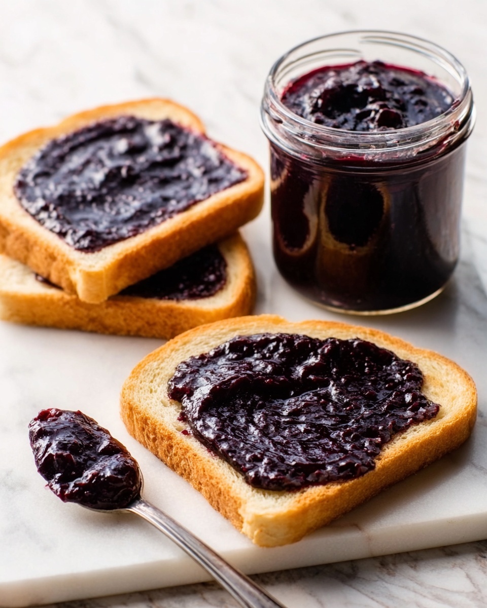 The image shows three slices of toasted white bread, each spread with a thick layer of dark purple jam that looks smooth and shiny. Two slices lie flat on a white marbled surface, while the third slice leans against a clear glass jar filled with the same dark purple jam. Next to the jar is a small spoon with some jam on it, resting on the white marbled surface. The scene is simple, bright, and focuses on the contrast between the golden toast and the rich dark jam. Photo taken with an iphone --ar 4:5 --v 7