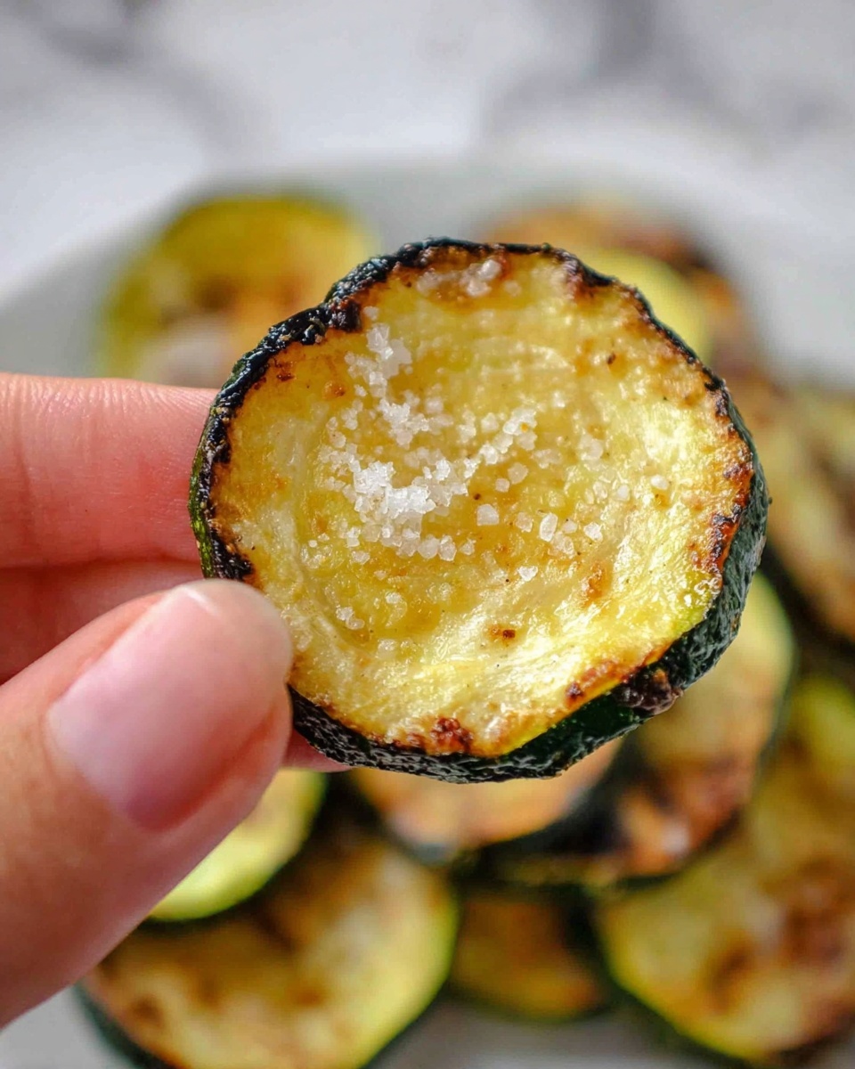 A close-up of a single thin round slice of cooked zucchini held by a woman's hand, showing a golden-yellow center with some browned spots and a dark green edge. Small grains of white salt are sprinkled on the surface of the zucchini slice, giving it a slightly textured look. In the background, more slices of zucchini with similar seasoning are slightly blurred on a white plate, all placed on a white marbled surface. photo taken with an iphone --ar 4:5 --v 7