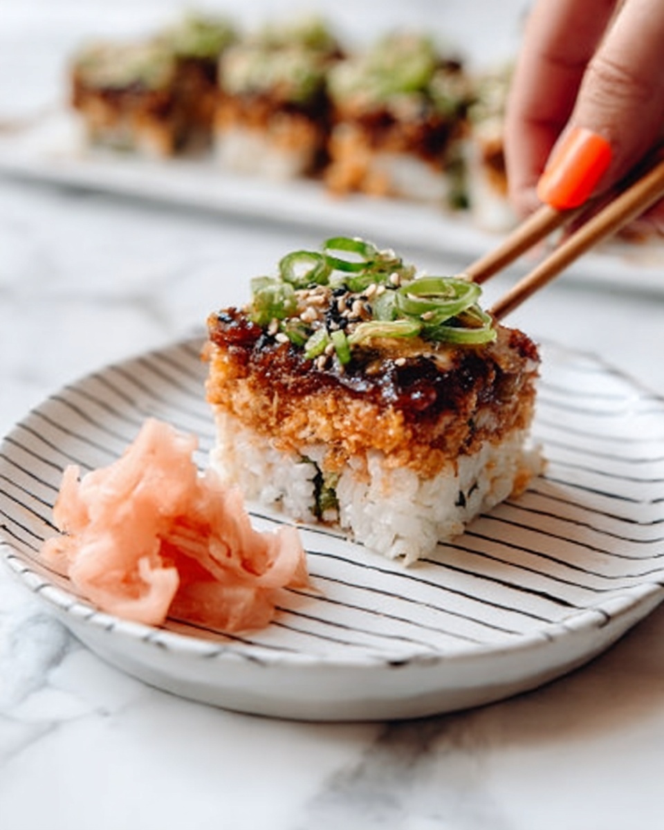 The image shows a square piece of sushi with three visible layers placed on a white plate with black lines on the edge. The bottom layer is white sushi rice with visible grains, the middle layer is dark brown, slightly glossy, and looks like a sauce or cooked topping, and the top layer has green sliced scallions with some sesame seeds scattered on top. Next to the sushi piece on the plate is a small pile of light pink pickled ginger. A woman's hand with orange-painted nails is holding a pair of wooden chopsticks picking up the sushi piece. The background is a white marbled surface with a blurred second piece of similar sushi in the back. Photo taken with an iphone --ar 4:5 --v 7