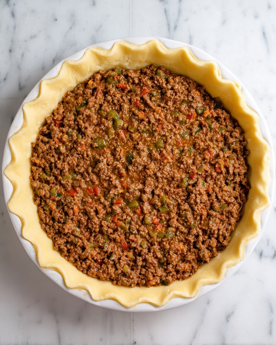 A top view of a white pie dish filled with a two-layer dish; the bottom layer is a smooth and even pale yellow pie crust with an edge pressed down in a fork pattern all around, and the top layer is a thick, textured brown ground meat mixture with small pieces of green and red vegetables spread evenly across the surface. The dish is placed on a white marbled surface. photo taken with an iphone --ar 4:5 --v 7