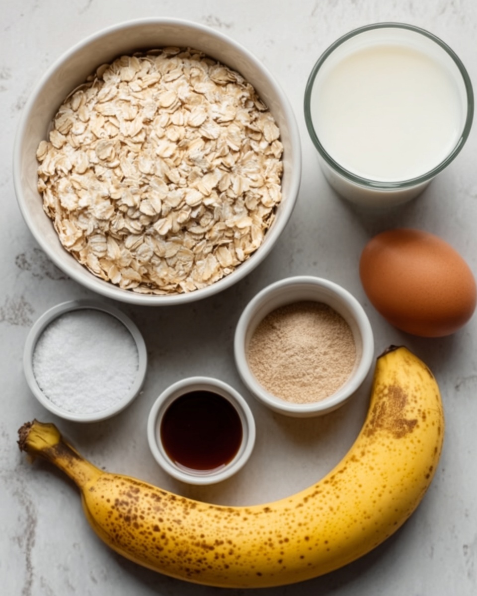 The image shows six ingredients placed neatly on a white marbled surface: a white bowl filled with light beige oats, a peeled yellow banana with brown spots on the peel, a brown egg with a smooth shell, a clear glass filled with white milk, a small white bowl with white salt, a small white bowl with dark brown liquid, and a small white bowl with a light brown powder. The items are arranged with the bowls grouped together, the banana curved next to them, and the egg placed near the milk glass. photo taken with an iphone --ar 4:5 --v 7