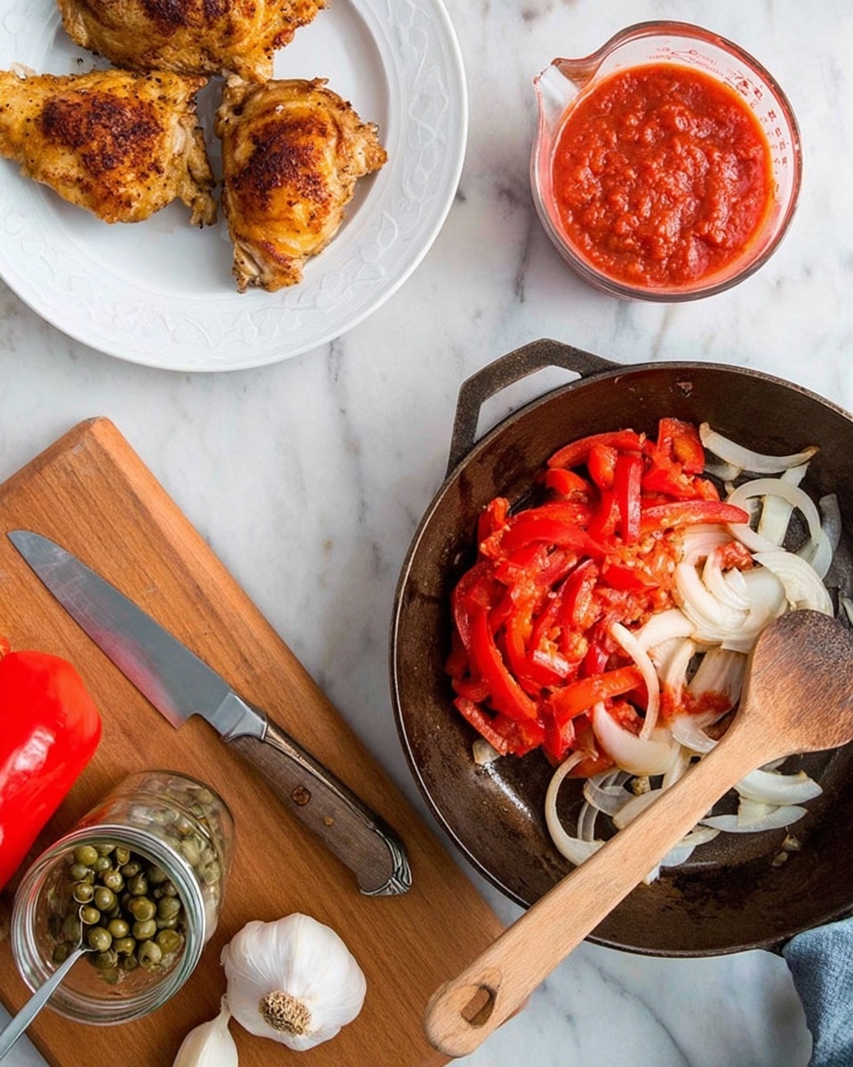 In the image, there is a white plate in the top left corner with three cooked, browned pieces of chicken with a crispy texture. To the right of the plate, a clear glass measuring cup is filled with bright red chunky tomato sauce. Below and to the right, a dark cast iron skillet contains sliced red bell peppers and white onions being cooked, with a wooden spatula resting on the skillet. On the bottom left, a wooden cutting board holds a sharp metallic knife, a small glass jar of green capers with a wooden spoon, a few cloves of garlic, and a section of a red bell pepper. The background surface is white marble. Photo taken with an iphone --ar 4:5 --v 7