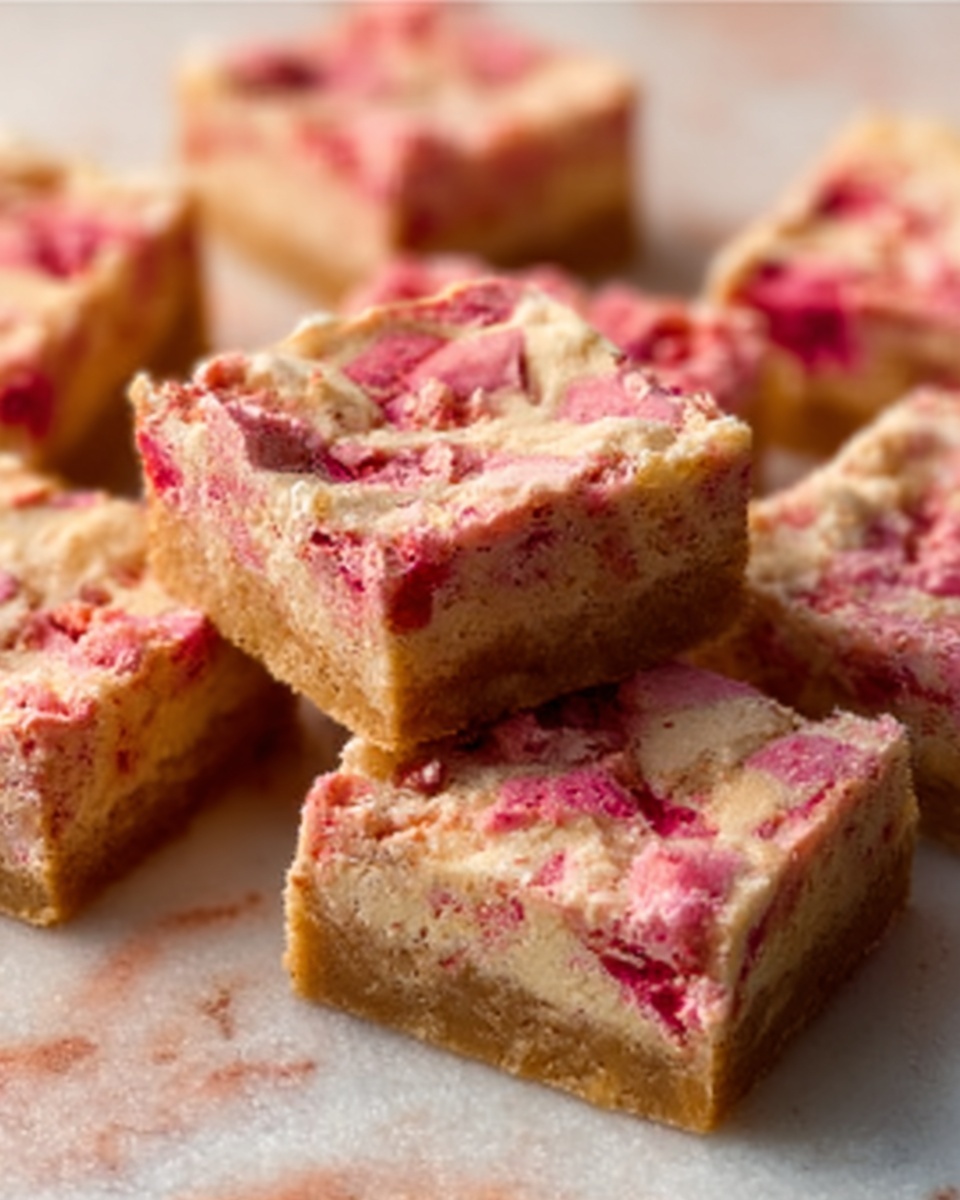 The image shows a close-up of a single square dessert bar placed on a round wooden board. The bar has two visible layers: the bottom layer is a light golden, crumbly crust, and the top layer is creamy and pale, studded with chunks of reddish-pink fruit that add a textured, slightly uneven surface. The background is a white marbled texture, and there is a corner of a light grey cloth near the wooden board. The photo taken with an iphone --ar 4:5 --v 7