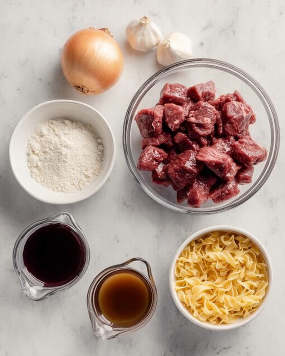 This image shows six bowls and items arranged on a white marbled surface. There is a medium yellow onion near the top center, with three cloves of garlic to its right. Below the onion in the center is a clear bowl filled with raw red meat chunks. To the left of the meat, there is a white bowl with a heap of white flour and below that a clear bowl filled with light yellow uncooked pasta. To the right of the meat, there are two clear small pitchers, one with dark red liquid and the one below it with brown broth. Photo taken with an iphone --ar 4:5 --v 7