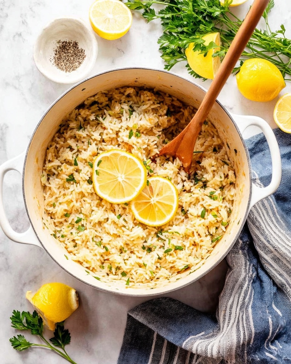 The image shows a white pot filled with a creamy yellow and light brown rice dish mixed with small green herb bits, topped with two thin lemon slices in the center. A wooden spoon with a pale handle rests inside the pot, slightly buried in the rice. Around the pot, there are fresh green parsley sprigs, three lemon halves and slices, a small white dish with black pepper, and a striped cloth with blue, gray, and white colors on a white marbled surface. Photo taken with an iphone --ar 4:5 --v 7