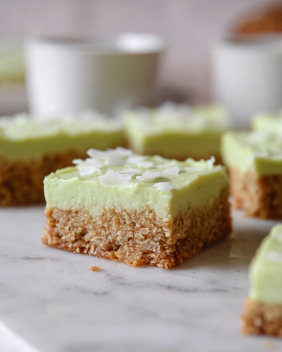 The image shows square dessert bars with two clear layers on a white marbled surface. The bottom layer is thick, textured, and light brown with a crumbly appearance, suggesting a baked crust or oat base. The top layer is a pale green creamy frosting with a smooth texture, spread evenly thick across the bars. There are small white flakes scattered over the frosting. The focus is on one bar in the front, with the background softly blurred showing more bars and white cups. photo taken with an iphone --ar 4:5 --v 7