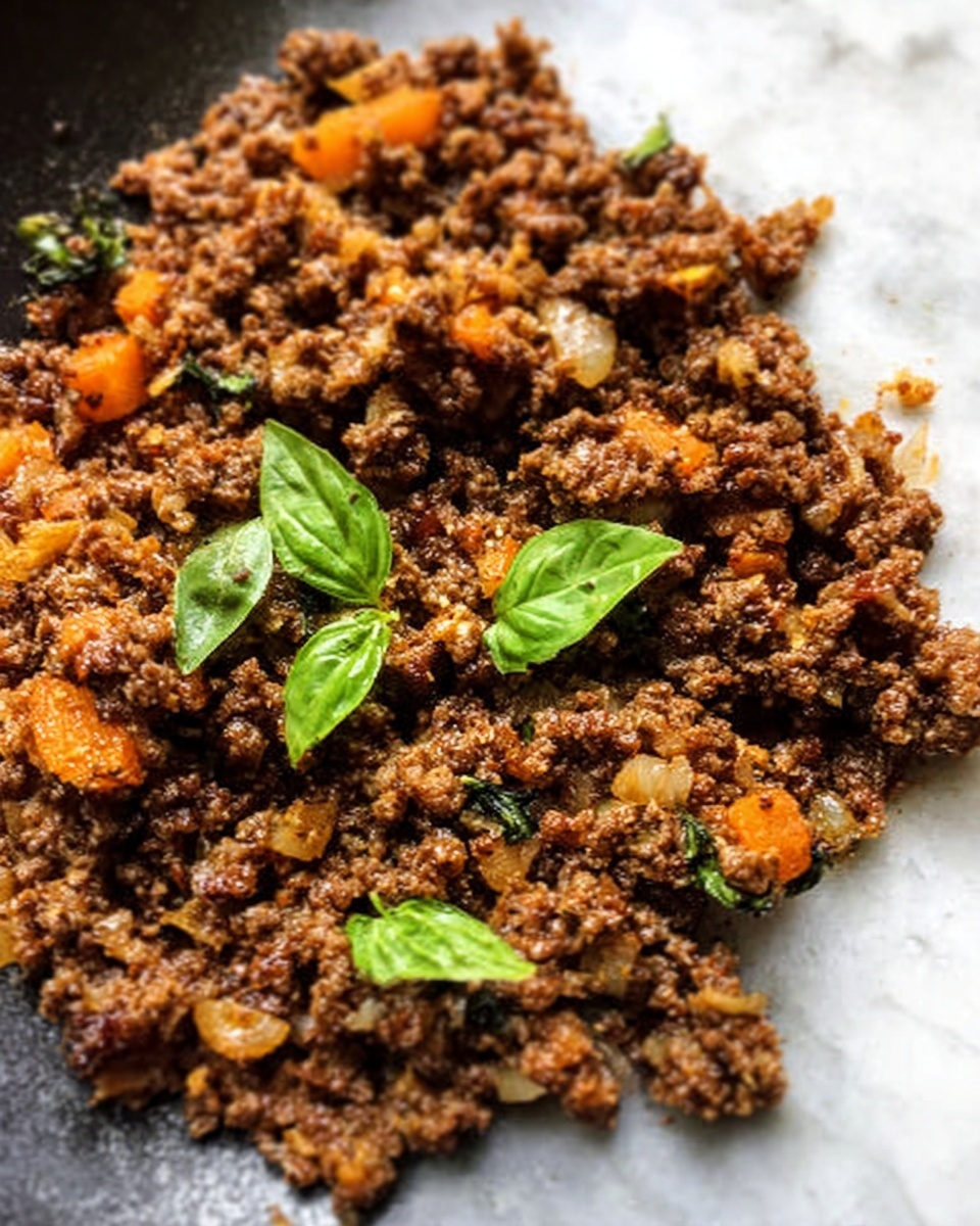 The image shows a close-up of cooked minced meat mixed with small orange chunks, possibly carrots, and small bits of onion. The minced meat has a crumbly texture and dark brown color, with three small fresh green basil leaves placed on top for garnish. The background surface is white marbled texture. Photo taken with an iphone --ar 4:5 --v 7