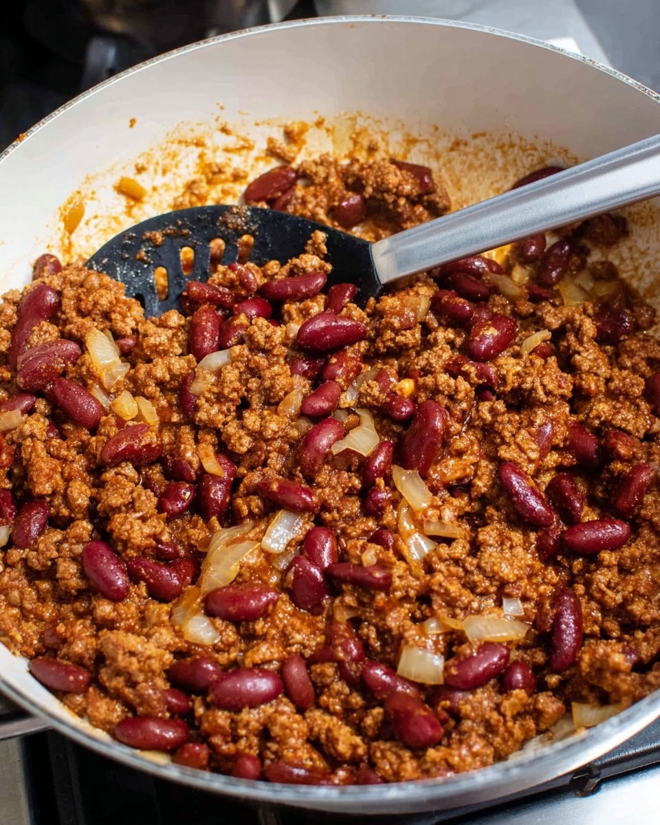 A white pan filled with a cooked mixture that has three main layers: the base layer is browned ground meat with a soft texture, the middle layer is reddish kidney beans that are smooth and shiny, and the top layer consists of small pieces of translucent cooked onion scattered evenly. A black slotted spoon with a metallic handle rests inside the pan, partially scooping some of the mixture. The pan sits on a stove with a silver edge visible. The photo is taken from above, showing the entire pan and its contents clearly. photo taken with an iphone --ar 4:5 --v 7