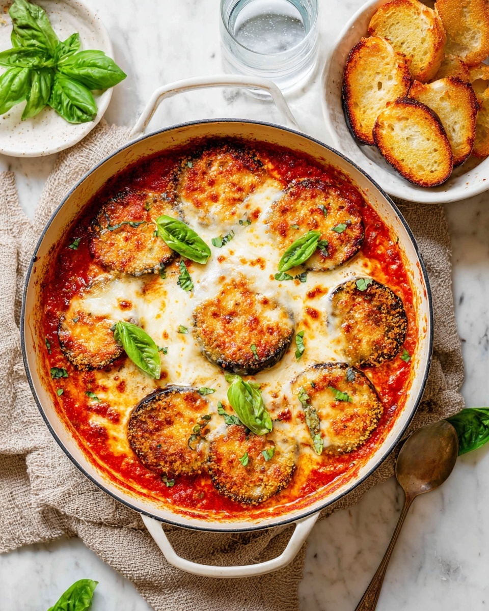 A round white pan holds a meal with six golden brown, crispy-edged circular layers of fried eggplant on top. Each eggplant layer is covered with a thick, melted cheese layer, white and bubbly with browned spots, on a bright red tomato sauce base that fills the pan. Fresh green basil leaves are scattered on top, adding a pop of color. The pan sits on a beige cloth, resting on a white marbled surface. Nearby, a white bowl contains several golden toasted bread slices with a light char, and fresh basil leaves and a glass of water are placed around for decoration. Photo taken with an iphone --ar 4:5 --v 7