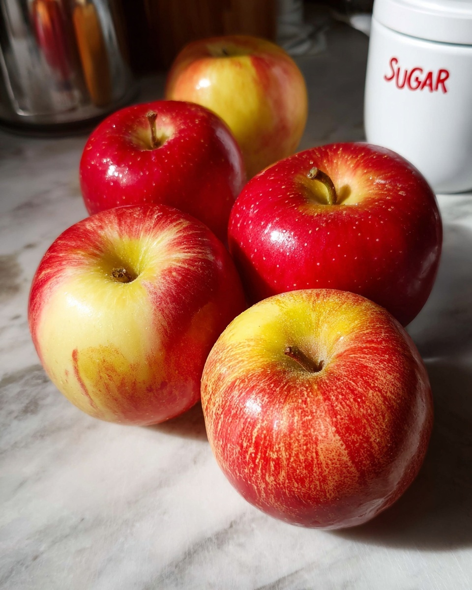 Five shiny apples sit close together on a white marbled surface. Three apples show a mix of red and yellow tones with smooth skin, while two apples are mostly solid red with small dots and a small yellow patch. The lighting makes the apples look fresh and bright. In the background, there is a blurred white container labeled