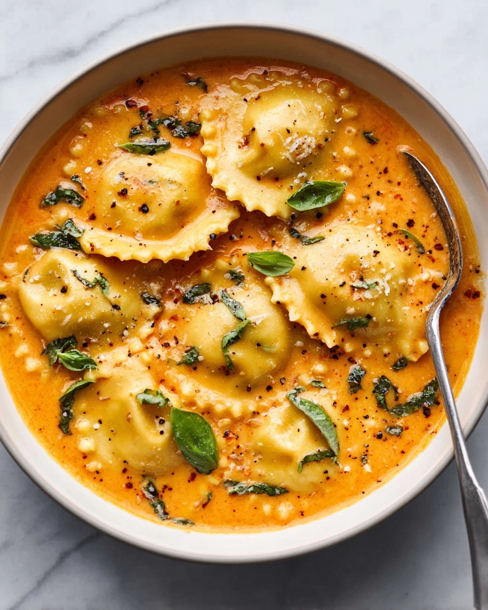 The image shows a white bowl filled with seven ravioli pieces floating in thick, creamy orange sauce. The ravioli are light yellow with slightly ruffled edges and some have small black pepper flakes on top. Bright green basil leaves are scattered in the sauce, adding a pop of color. A silver spoon is placed inside the bowl on the right side. The bowl sits on a white marbled surface. photo taken with an iphone --ar 4:5 --v 7