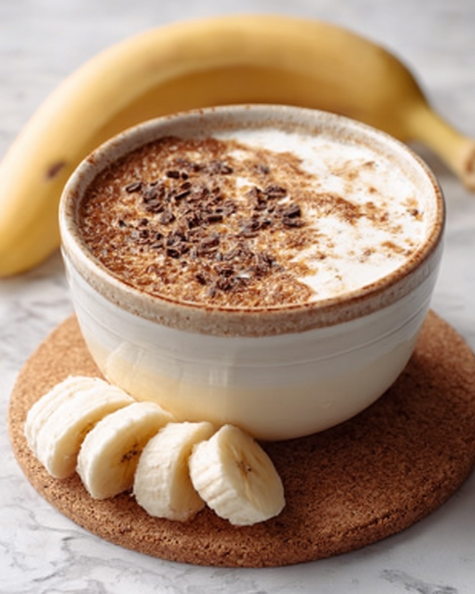 A white bowl filled with three visible layers: the bottom layer is light cream-colored with a smooth texture, the middle layer is a darker brown with a rich, slightly grainy look, and the top layer is thick white cream with small dark brown bits sprinkled on it. The bowl sits on a round cork coaster on a white marbled surface. In front of the bowl, there is a banana sliced into thin pieces and a white banana peeled halfway lying next to them. Photo taken with an iphone --ar 4:5 --v 7