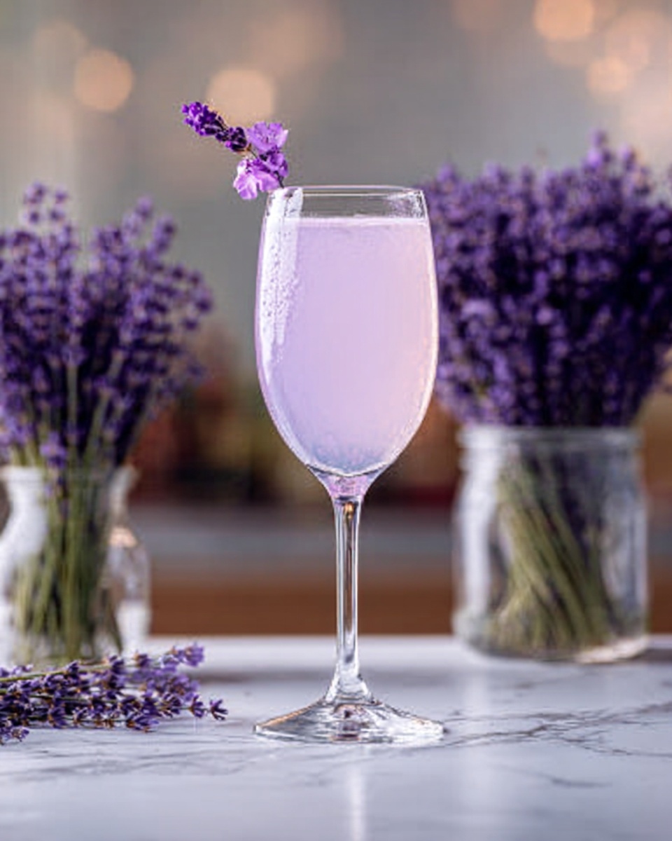 A clear glass with a long stem holds a light purple drink with a smooth surface. A small purple flower decoration is on the drink's edge. In the background, blurred bunches of purple lavender flowers stand in glass containers. The glass sits on a white marbled surface, with soft light making the drink look gentle and fresh. Photo taken with an iphone --ar 4:5 --v 7