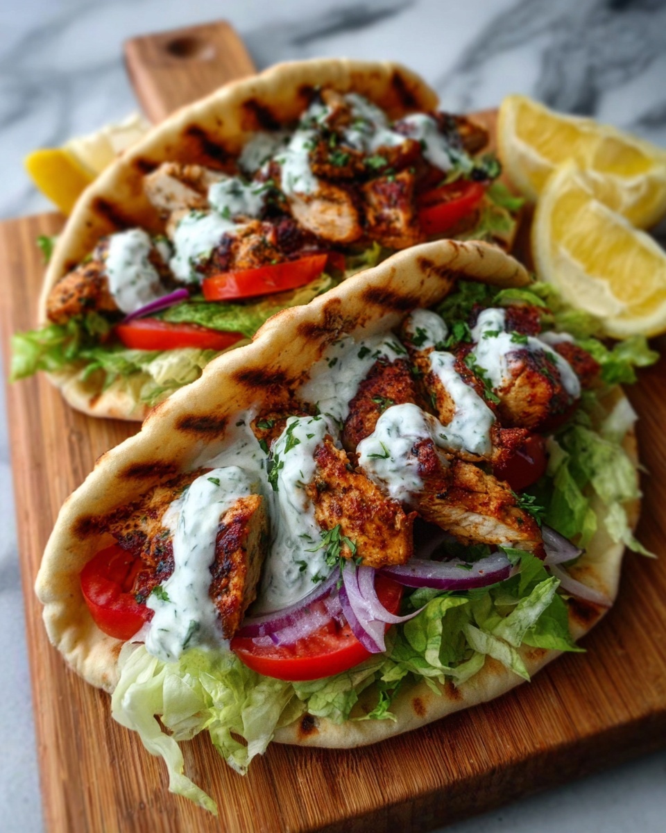 Two pita breads filled with a layer of green lettuce, bright red tomato slices, and thin purple onion slices. On top of the vegetables, there are pieces of browned grilled chicken with a slightly crispy texture. The chicken is drizzled with white sauce that has green herbs mixed into it. The pita breads are folded to hold all the fillings, placed on a wooden board. There are lemon wedges in the background. The entire scene is on a white marbled surface. Photo taken with an iphone --ar 4:5 --v 7