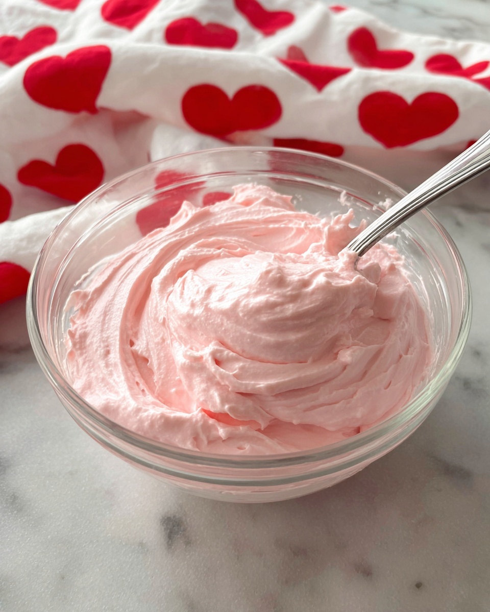 A clear glass bowl filled with fluffy, smooth, light pink frosting. The frosting has soft swirls and peaks, showing a creamy texture. A silver spoon is dipped into the frosting, resting diagonally inside the bowl. In the background, there is a white cloth with large red hearts on it, all set on a white marbled surface. photo taken with an iphone --ar 4:5 --v 7