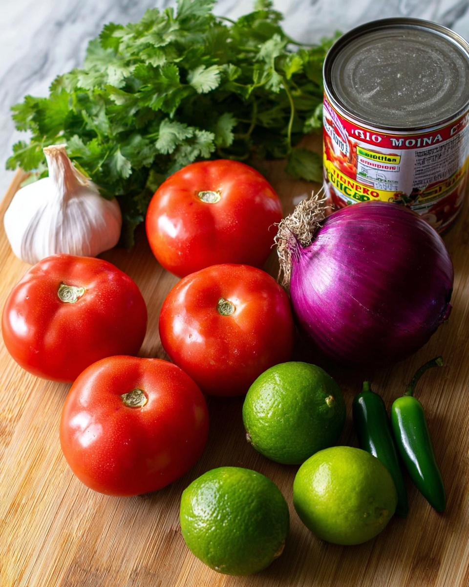 The image shows fresh cooking ingredients placed on a wooden surface with a white marbled texture background. There are five bright red tomatoes with shiny, smooth skin and small green stems, one large purple onion with a rough outer layer and visible root, a bulb of garlic with white and light purple skin, two vivid green limes with textured rinds, and four dark green jalapeño peppers with glossy skin. There is also a bunch of fresh green cilantro leaves with delicate, frilly edges, a metallic can of crushed tomatoes with red and purple labels, and a small tin can of peppers with yellow and red labels. The arrangement shows the natural colors and textures of each ingredient clearly. photo taken with an iphone --ar 4:5 --v 7
