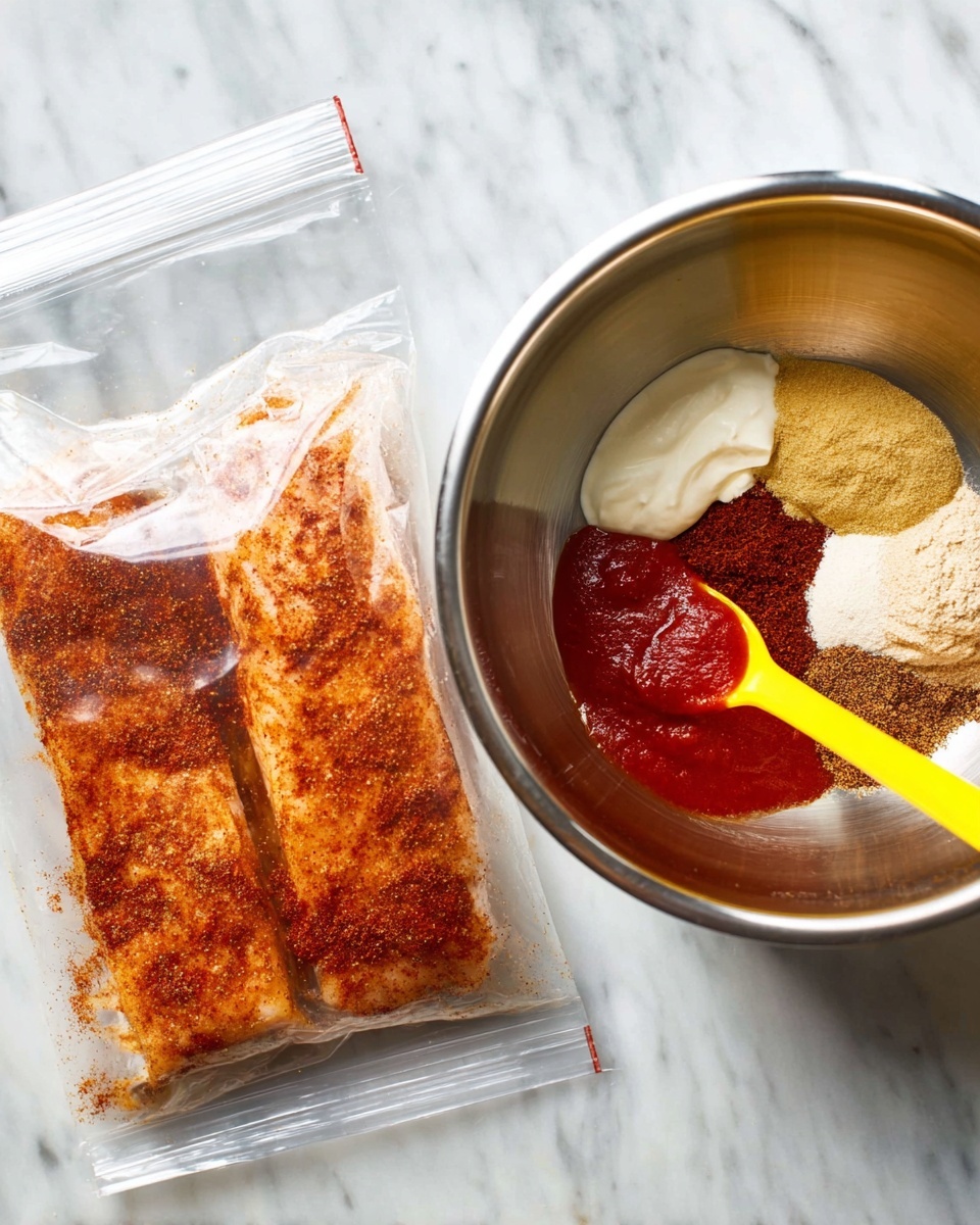 The image shows two parts: on the left, there is a clear resealable plastic bag lying flat on a white marbled surface, containing two fillets of seasoned fish with a reddish-brown spice mix evenly coating them, the texture looks slightly wet and powdery; on the right, there is a shiny silver mixing bowl with several ingredients for a sauce, arranged in separate sections—a dollop of white creamy sauce, a mound of a light beige powder, a generous scoop of dark red-brown spice, and a bright red thick sauce, with a bright yellow spoon resting in the bowl, all placed on the same white marbled surface photo taken with an iphone --ar 4:5 --v 7