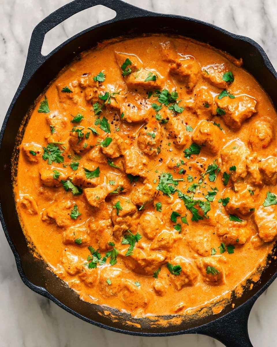 A black cast iron pan filled with a thick orange creamy sauce with many small pieces of cooked chicken mixed in. The chicken pieces are golden brown and scattered throughout the sauce, which has a smooth texture and a warm, rich color. Bright green cilantro leaves are sprinkled on top, adding small pops of color. The pan sits on a white marbled surface. photo taken with an iphone --ar 4:5 --v 7