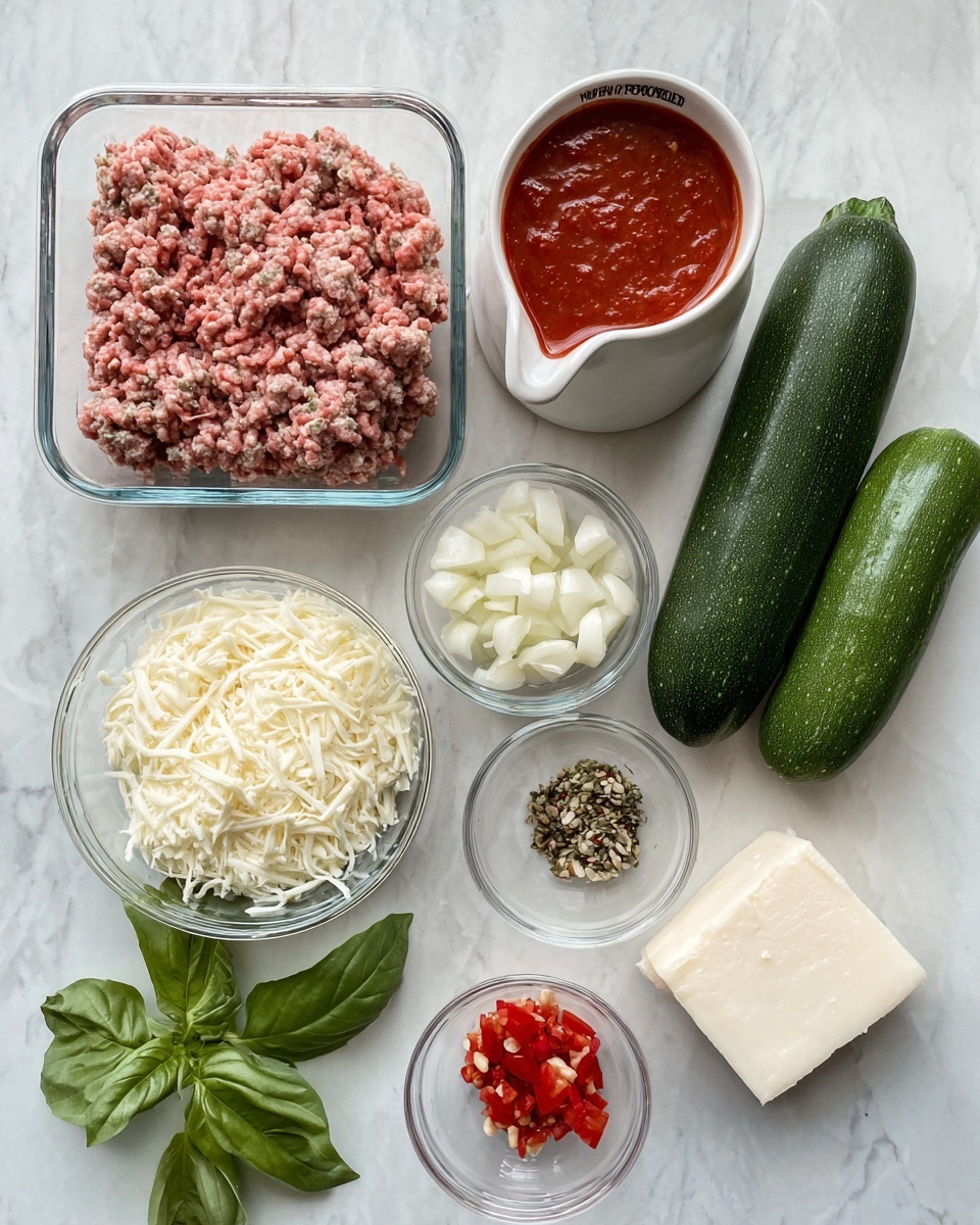 The image shows ingredients for a dish laid out on a white marbled surface. From top left to bottom right, there is a square glass dish filled with raw ground meat, next to it a white measuring cup with red tomato sauce inside, and two whole green zucchinis resting beside the sauce. Below these, a small white bowl holds shredded mozzarella cheese, and next to it a small glass bowl with white chopped onions. There is also a white bowl filled with small peeled garlic cloves. Fresh green basil leaves are placed on the surface near a small glass bowl with red pepper pieces and another small bowl with a mix of dried herbs and seeds. A solid piece of white cheese or a block is visible on the right side of the image. photo taken with an iphone --ar 4:5 --v 7