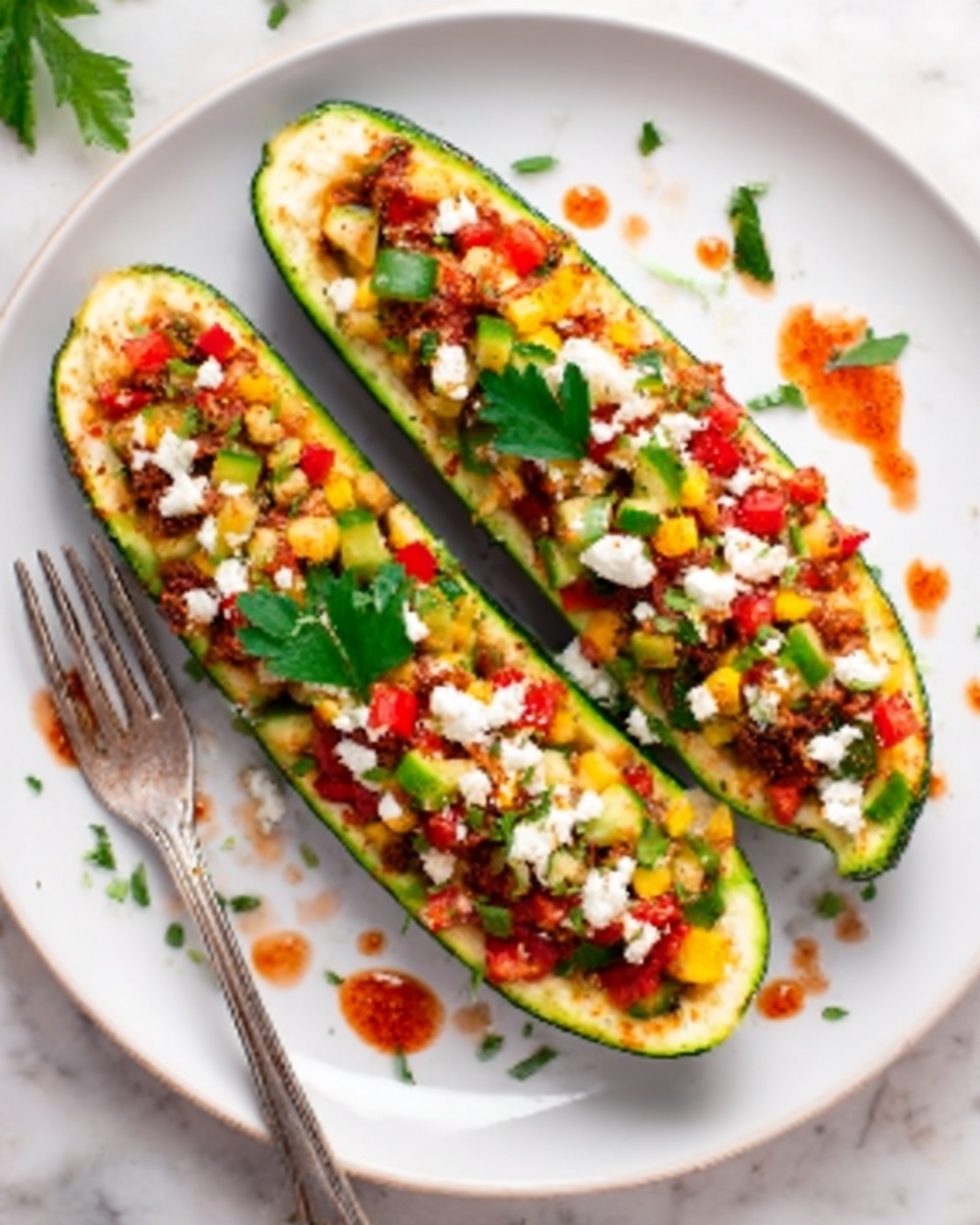 The image shows two zucchini boats filled with a colorful mix of diced vegetables including red, green, and yellow pieces, topped with white cheese crumbles and fresh green parsley leaves in the center. Each zucchini is hollowed out and stuffed with this vibrant filling, resting side by side on a white plate with a few garnishing drops of reddish sauce around them. The plate sits on a white marbled surface, and a woman's hand holding a fork is visible on the left side of the image. The lighting highlights the freshness and texture of the dish, photo taken with an iphone --ar 4:5 --v 7