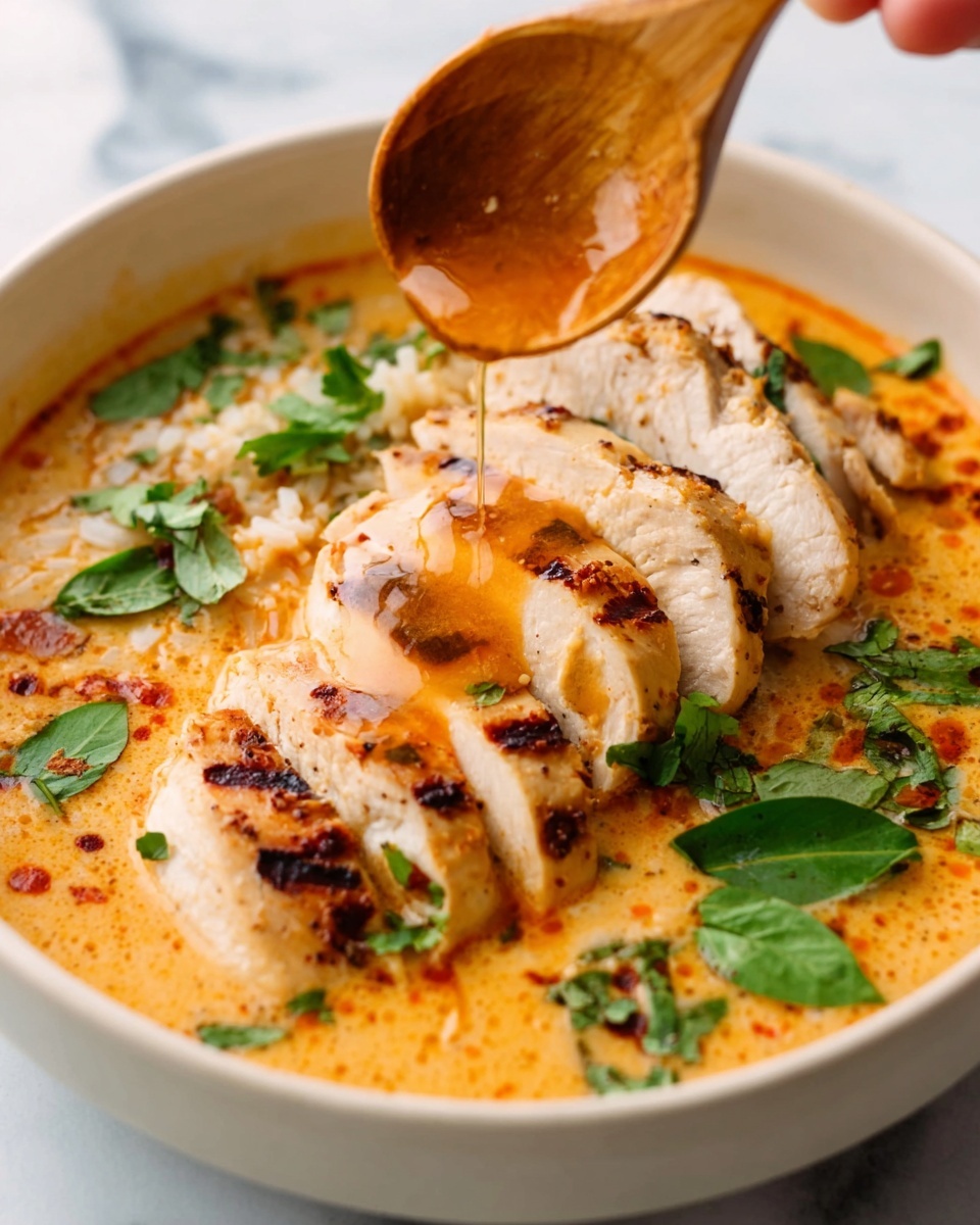 A white bowl filled with creamy soup that has a light orange color from the broth. On top, there are six pieces of sliced grilled chicken, placed in a row slightly leaning on each other. The chicken has clear grill marks and a light golden brown color. Around the chicken, there are green leafy herbs scattered for freshness. A woman's hand is holding a wooden spoon, pouring some of the soup over the chicken, adding a shiny wet look to the meat. The bowl sits on a white marbled surface, and the scene is bright and inviting. photo taken with an iphone --ar 4:5 --v 7
