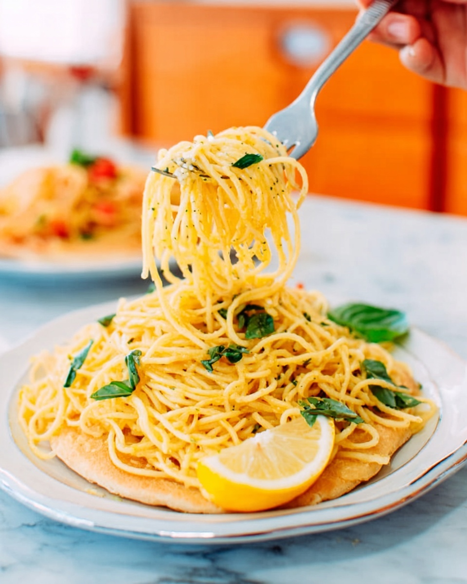 A close-up view of a white plate filled with a golden-yellow spaghetti nest on top of a light-colored round base, possibly a pancake or flatbread. The spaghetti is twirled around a silver fork held by a woman's hand, lifting the noodles above the plate. Bright green basil leaves are mixed in with the noodles, and a thick lemon slice rests on the edge of the plate. The plate sits on a white marbled surface with blurred colors of an orange background and another plate of pasta in the background. The image is bright and fresh, showing a simple and inviting dish. photo taken with an iphone --ar 4:5 --v 7