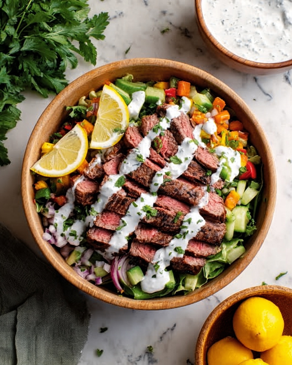 A white bowl filled with a colorful salad placed on a white marbled surface, containing several layers: at the bottom, there is a layer of greens mixed with small diced vegetables, followed by slices of medium-rare steak arranged neatly on top. Drizzled over the steak is a white creamy sauce, scattered with small chopped green herbs. On one side of the bowl, there is a wedge of lemon resting against the salad. To the left of the bowl is a bunch of fresh green herbs, and to the bottom right, part of another bowl with yellow lemons is visible. Photo taken with an iphone --ar 4:5 --v 7