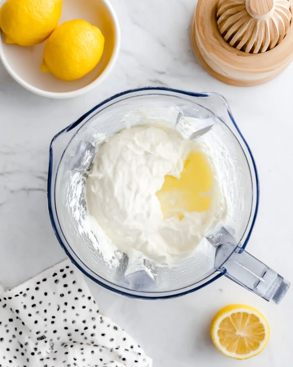 A clear blender container on a white marbled surface holds one main layer of thick white creamy mixture with a small pool of yellowish liquid underneath. To the top left, there are two bright yellow lemons in a white bowl. On the top right, half of a lemon sits next to a wooden juicer on the white marbled surface. A white cloth with small black dots is placed on the bottom left corner. Photo taken with an iphone --ar 4:5 --v 7