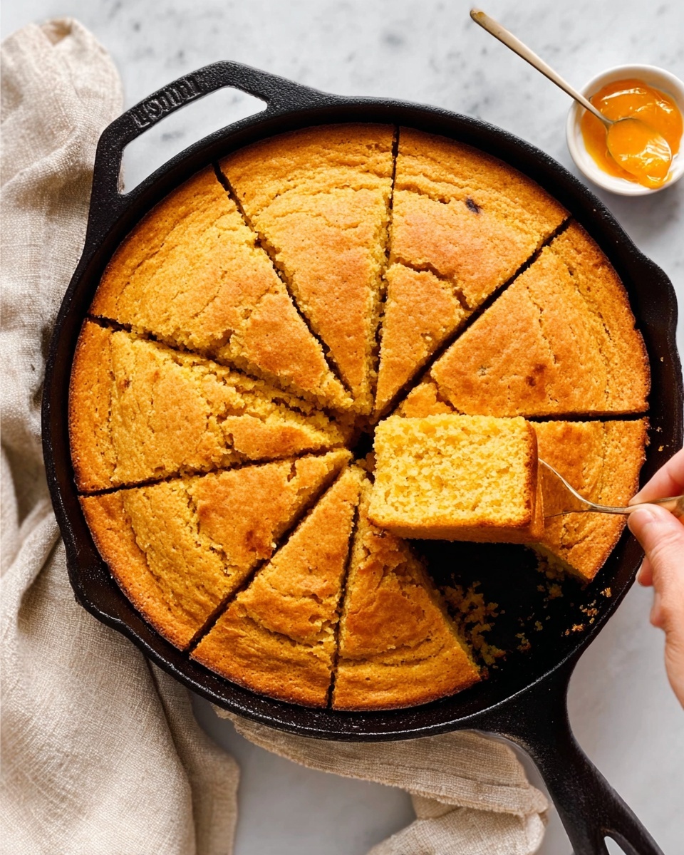 A round cast iron skillet filled with golden brown cornbread, divided into 16 square pieces with two pieces slightly lifted near the center, showing a soft, crumbly texture inside. The skillet sits on a white marbled surface with a folded light beige cloth nearby and a white bowl with a small amount of orange spread on the side. A woman's hand is holding one lifted piece above the skillet. The cornbread top is slightly cracked with a warm, baked look. photo taken with an iphone --ar 4:5 --v 7