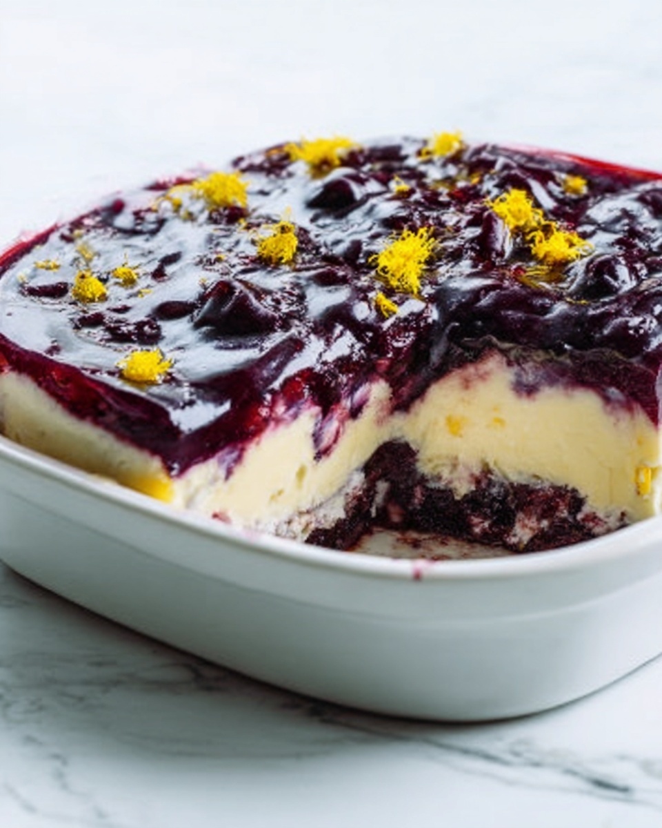 The image shows a close-up of a layered dessert in a white ceramic dish with a portion removed to reveal inside layers. The bottom layer is dark purple and looks like a berry mix with a thick texture. Above that is a creamy pale yellow layer that is smooth and thick. On top, there is a shiny, deep purple jelly-like layer with textures from mixed fruit pieces. Small yellow flower petals are scattered over the top for decoration. The dish sits on a white marbled surface. Photo taken with an iphone --ar 4:5 --v 7