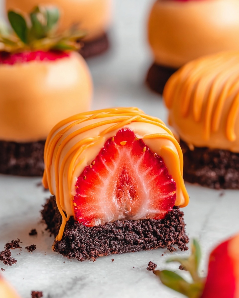 A white plate sits on a white marbled surface holding twelve strawberries coated in bright orange sugar, the sugar giving a grainy texture to the smooth fruit. Each strawberry has its green top leaves intact, contrasting with the orange coating. Around the plate, more coated strawberries are scattered on the surface. In the upper left corner, part of a clear glass bowl with orange sugar is visible, resting on a pink and white checkered cloth. The whole setting is brightly lit, showing the vibrant colors clearly photo taken with an iphone --ar 4:5 --v 7