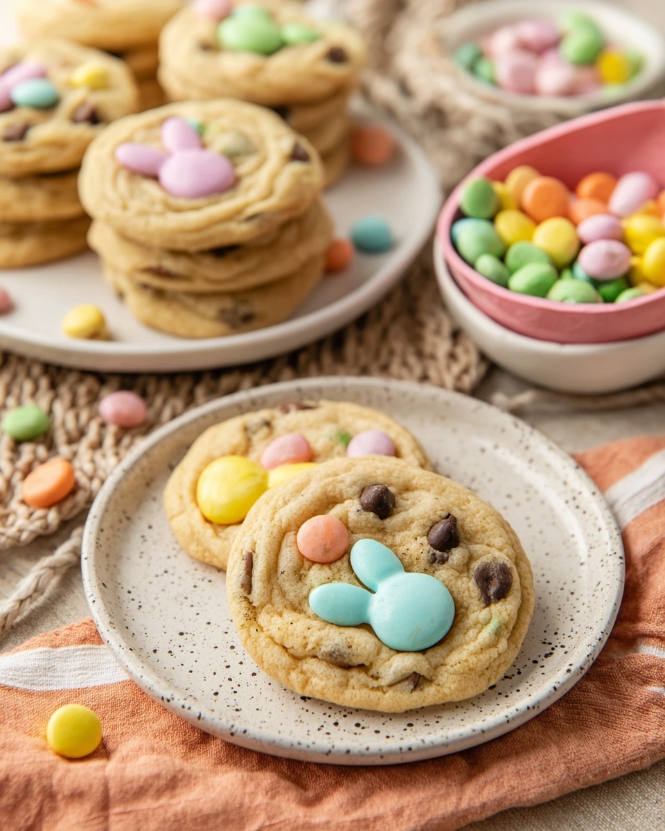 Two light golden cookies with a soft texture lie on a white speckled plate in the foreground. Each cookie is decorated with colorful candy pieces shaped like bunny heads and small chocolate chips, showing layers of pastel pink, yellow, green, and blue colors on top. In the background, more cookies with similar decorations are stacked on a white plate. Nearby, a white bowl holds many pastel-colored candy pieces, and a split pink candy shell contains green, yellow, and orange candies inside. The entire setting rests on a white marbled textured surface with a soft orange and white cloth underneath, creating a warm and festive atmosphere. Photo taken with an iphone --ar 4:5 --v 7
