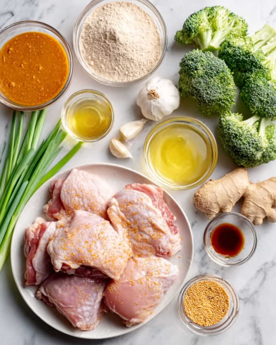The image shows a white plate holding raw, seasoned chicken thighs arranged in a slightly overlapping way on the left side. Above and around the plate are several small clear glass bowls filled with ingredients: one with a thick orange sauce, another with a light yellow liquid, another with beige powder, and one with brown liquid. Fresh ginger root pieces, whole garlic cloves, green onions, a bunch of broccoli, and a small bowl of mustard seeds are also placed neatly on the white marbled surface around the plate. The colors in the image include the pale pink of the chicken, the green of the broccoli and green onions, the creamy beige powder, the bright yellow liquid, and the rich orange sauce. photo taken with an iphone --ar 4:5 --v 7