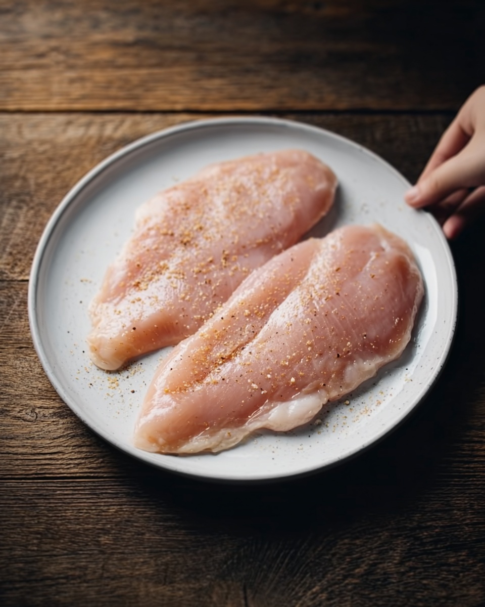 Two raw, thin chicken slices lay flat on a round white plate. The chicken has a smooth, slightly shiny light pink surface with small grains of seasoning visible. The plate is set on a dark wooden surface, creating a warm contrast. A woman's hand is reaching toward the plate from the side. photo taken with an iphone --ar 4:5 --v 7