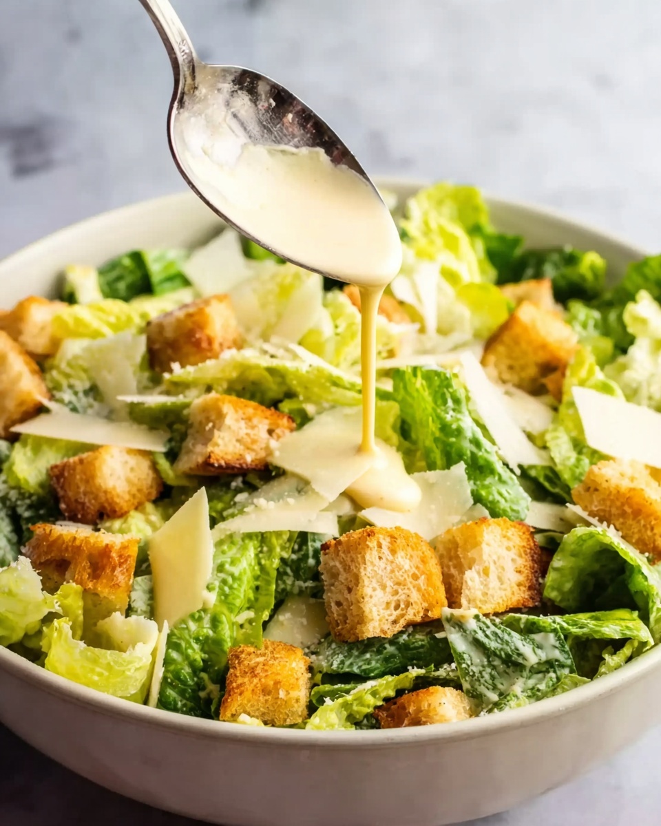 Inside a deep white bowl, there is a fresh Caesar salad made of green romaine lettuce leaves layered at the bottom. On top, there are many golden-brown crunchy croutons scattered all over. Thin slices of pale white Parmesan cheese are sprinkled between the lettuce and croutons. A silver spoon held by a woman's hand is pouring creamy, light yellow Caesar dressing over the salad, with the dressing flowing smoothly onto the croutons and leaves. The background has a white marbled texture. photo taken with an iphone --ar 4:5 --v 7