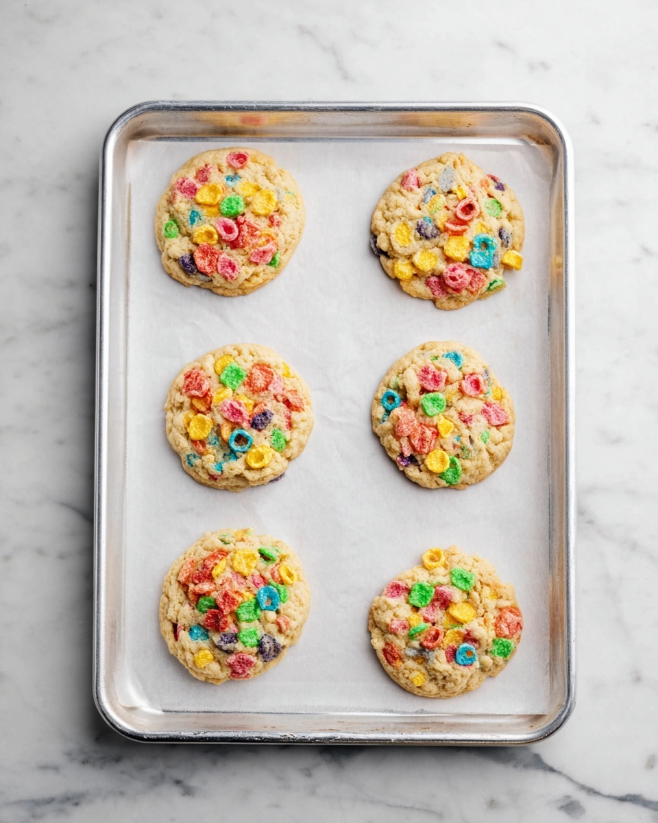 The image shows six round cookies on a silver baking tray lined with white parchment paper, placed on a white marbled surface. Each cookie is light brown with a slightly rough texture and topped with colorful cereal pieces in various shapes and colors, including red, green, yellow, blue, pink, and orange. The cookies are evenly spaced in two columns and three rows, with bright, scattered cereal pieces embedded on the top layer, giving each cookie a playful and vibrant look. photo taken with an iphone --ar 4:5 --v 7