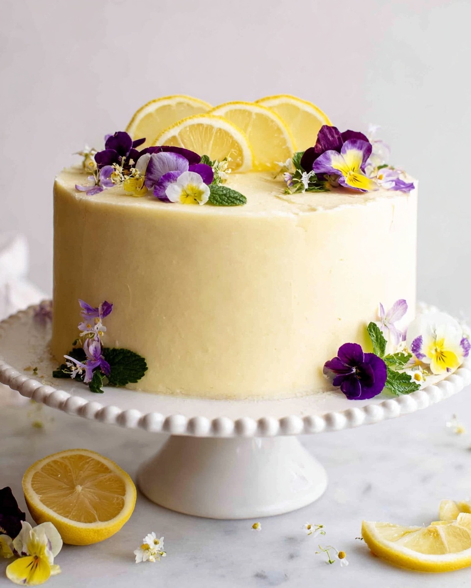 A round cake with smooth light yellow frosting covering all sides evenly, placed on a white cake stand with a beaded edge detail, sitting on a white marbled surface. The cake has no visible layers from the outside, and the top is decorated with thin lemon wedges arranged in the center, surrounded by small purple and yellow edible flowers and green leaves. A few of the same flowers and lemon wedges are scattered at the base of the cake on the stand. The background is plain and white, highlighting the simple and fresh decoration style. photo taken with an iphone --ar 4:5 --v 7